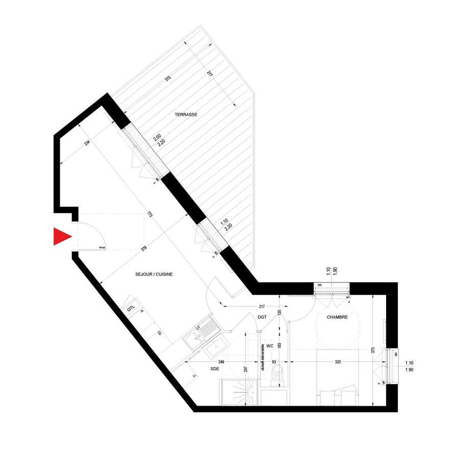 Plan d'un T2 avec terrasse