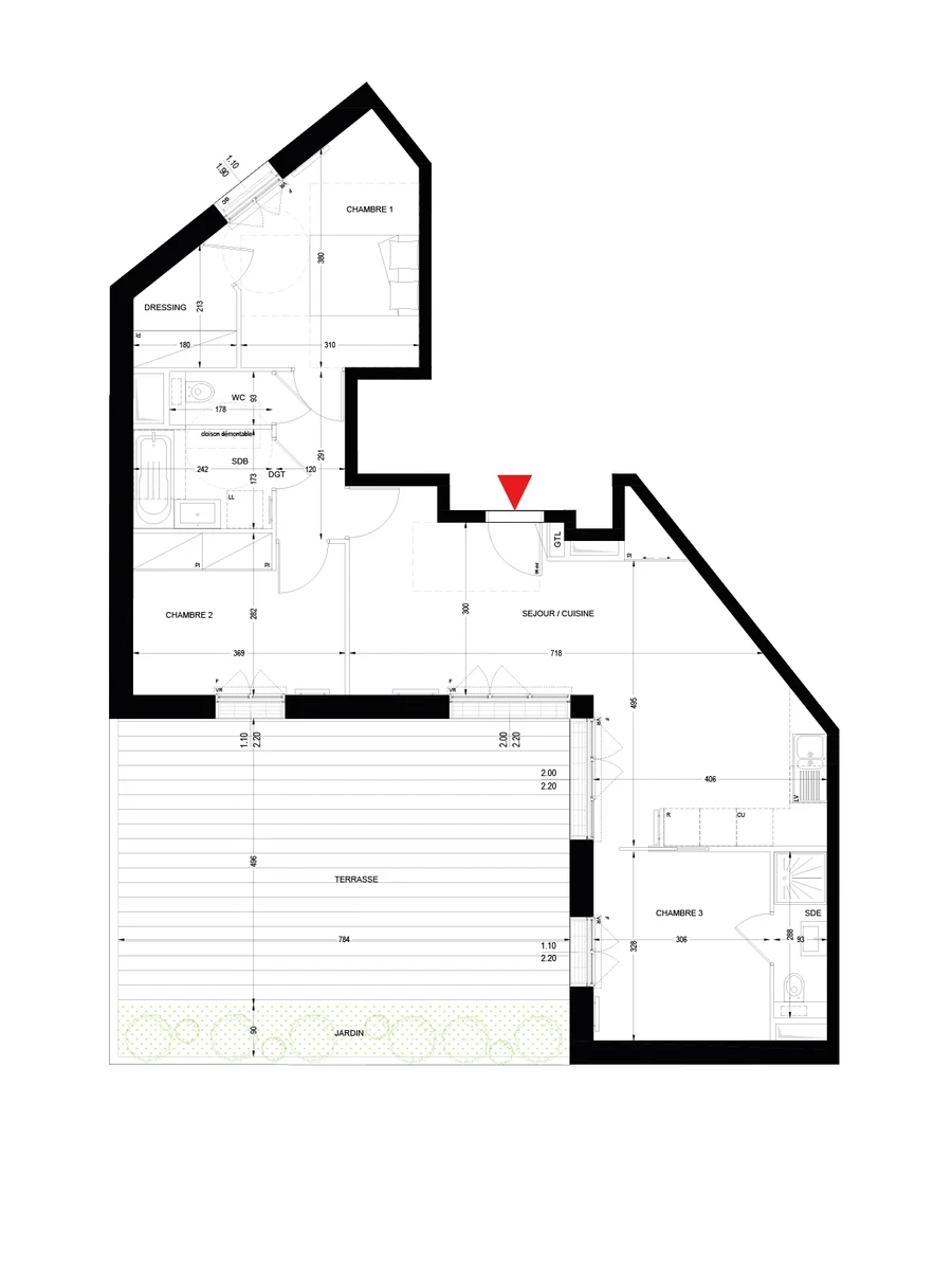 Plan du bâtiment neuf — logement familial avec terrasse et jardin